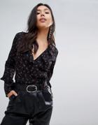 Missguided Floral Frill Front Blouse - Black