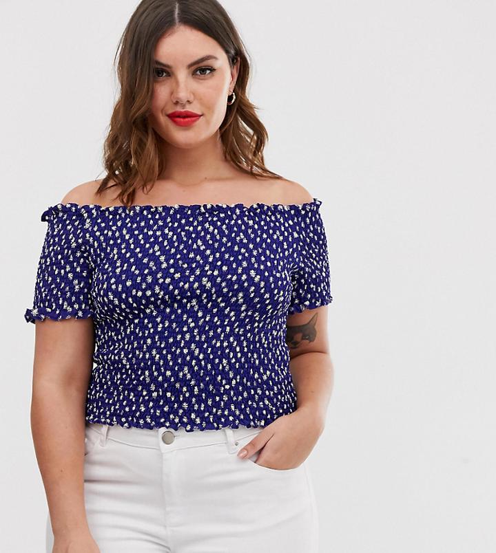 Glamorous Curve Bardot Shirred Top In Daisy Print