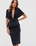 Asos Design Structured Plunge Kimono Midi Dress With Peplum-black