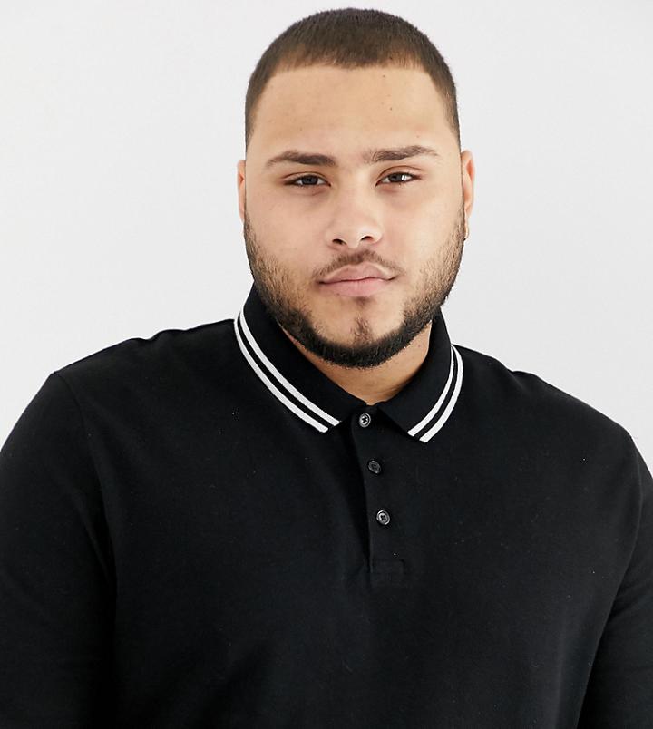 Asos Design Plus Relaxed Long Sleeve Pique Polo Shirt With Tipping In Black