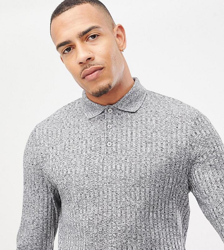 Asos Design Tall Long Sleeve Polo Shirt In Interest Rib-gray