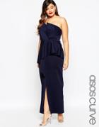 Asos Curve Red Carpet Scuba Bandeau Maxi Dress With Heavy Fold Peplum - Navy