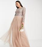 Maya Tall Bridesmaid Long Sleeve Maxi Tulle Dress With Tonal Delicate Sequin In Muted Blush-neutral