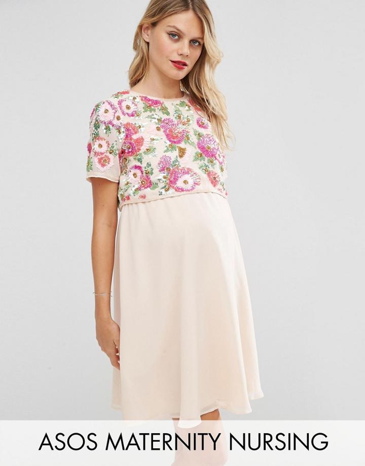Asos Maternity Nursing Floral Embellished Skater Dress - Pink