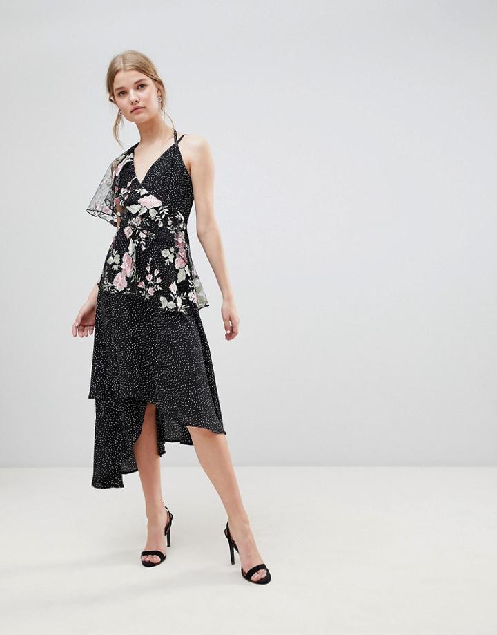 Asos Design Asymmetric Cami Midi Dress In Spot And Floral Lace - Multi