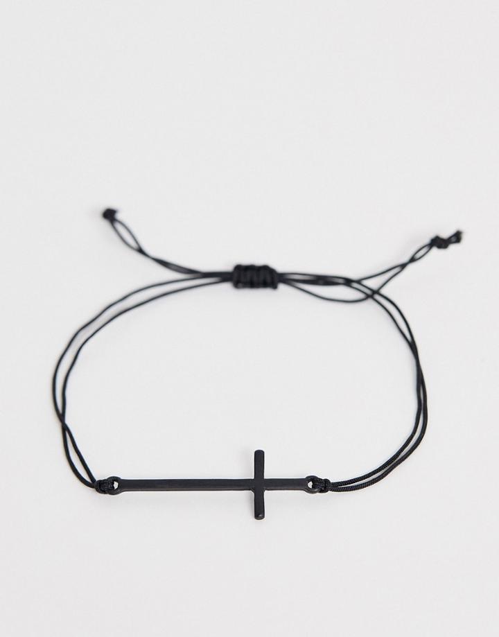 Asos Design Metal Cross And Fabric Mix Bracelet In Matt Black - Black