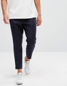Asos Tapered Pants With Elasticated Back In Navy Pin Stripe - Navy