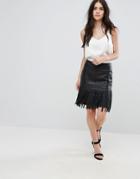Vila Fringe Faux Leather Skirt - Black
