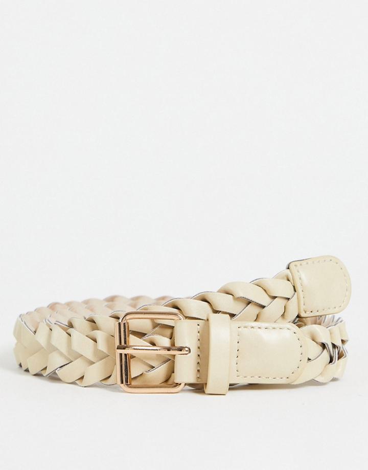 Asos Design Slim Woven Faux Leather Belt In Ecru-neutral