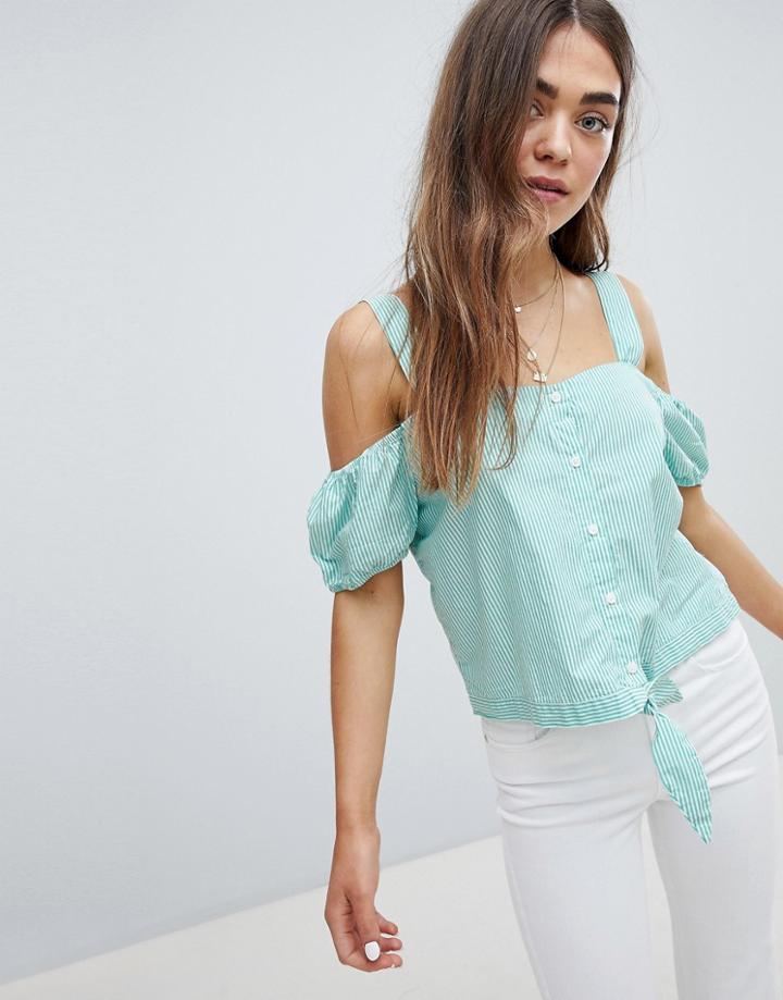 Only Stripe Cold Shoulder Cropped Blouse - Green