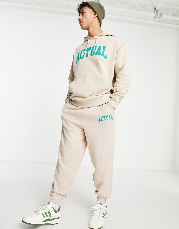 Asos Actual Oversized Sweatpants With Logo Print In Beige-neutral