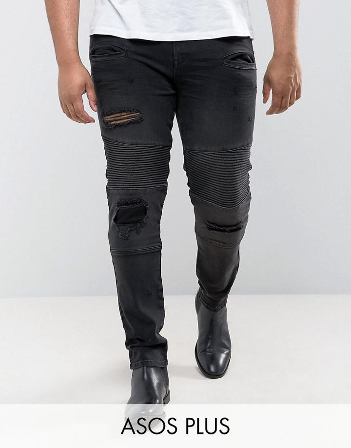 Asos Plus Super Skinny Jeans With Abrasions In Biker Style - Black