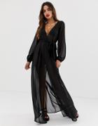 Asos Design Recycled Long Sleeve Wrap Tie Chiffon Maxi Beach Kimono In Black