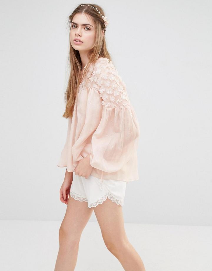 Endless Rose Sheer Flower Applique Blouse - Nude Pink