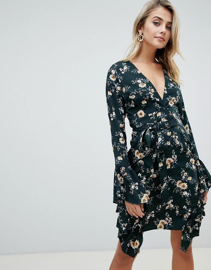 Prettylittlething Wrap Dress With Ruffle Trim In Green Floral - Green