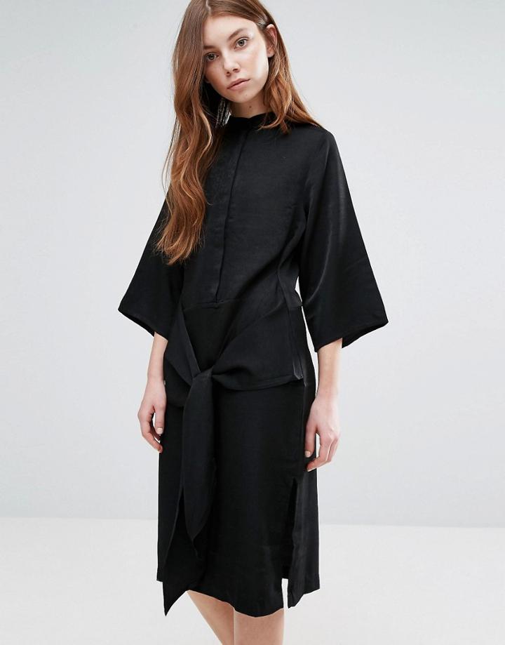 Neon Rose Shirt Dress Tie Front - Black