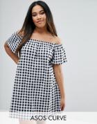 Asos Curve Boho Off Shoulder Dress In Gingham Print - Multi