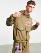 Asos Design Oversized Hoodie In Brown With Cargo Pockets And Outdoors Graphics - Part Of A Set