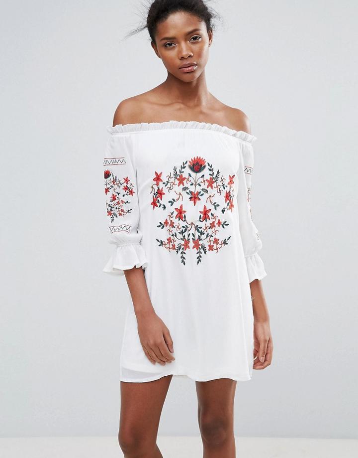 Parisian Off Shoulder Embroiderred Dress - White