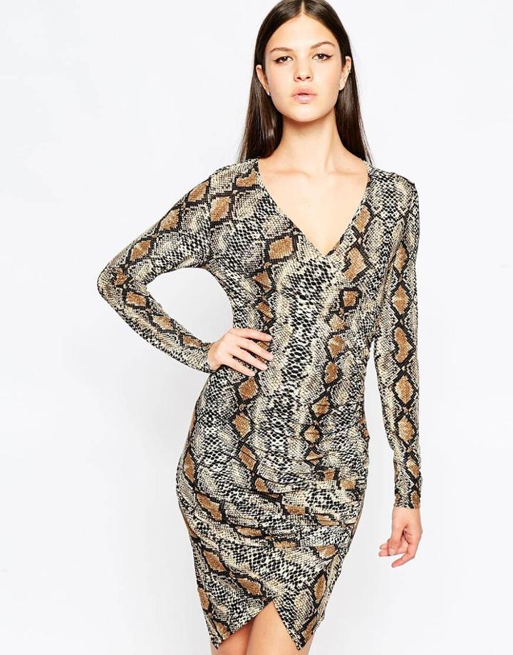 Club L Essentials Asymetric Wrap Dress With Ruching - Snakeskin