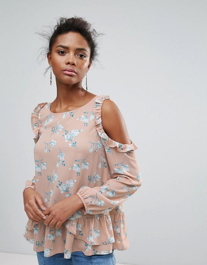 Crescent Ruffled Cold Shoulder Peasant Blouse - Pink