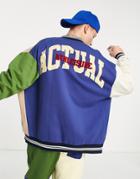 Asos Actual Oversized Color Block Varsity Bomber Jacket With Logo Applique In Navy