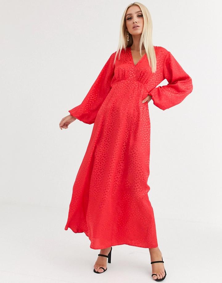 Asos Design Maxi Dress With Puff Sleeves In Jacquard-red