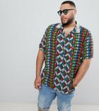 Asos Design Plus Regular Fit Geo-tribal Printed Overhead Shirt With Beaded Collar - Multi