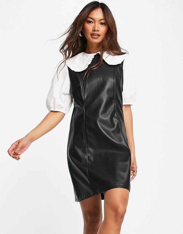 Neon Rose Mini Retro Pinafore Dress In Pu With Blouse Underlay-black