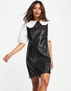 Neon Rose Mini Retro Pinafore Dress In Pu With Blouse Underlay-black