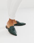 Asos Design Maximum Studded Leather Pointed Mule In Green Croc - Green