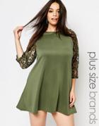 Club L Plus Swing Dress With Crochet Sleeves - Khaki