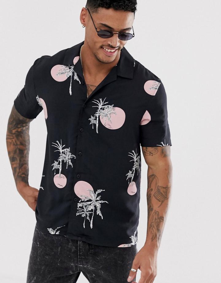 New Look Revere Collar Shirt In Sunset Palm Print - Gray
