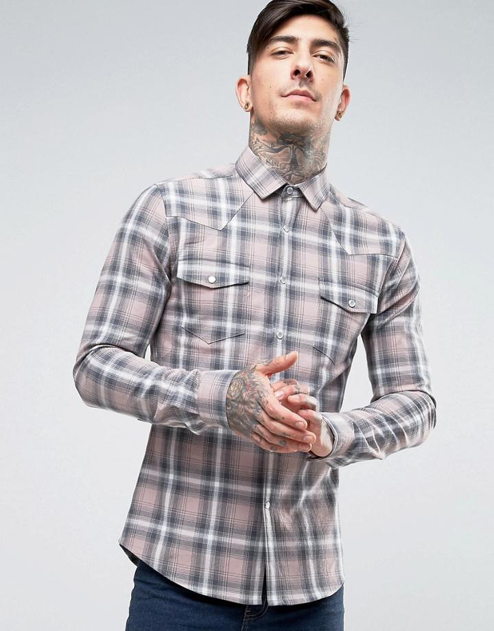 Asos Skinny Western Check Shirt - Pink