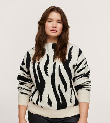 Mango Curve Zebra Print Crew Neck Sweater In Mono-black