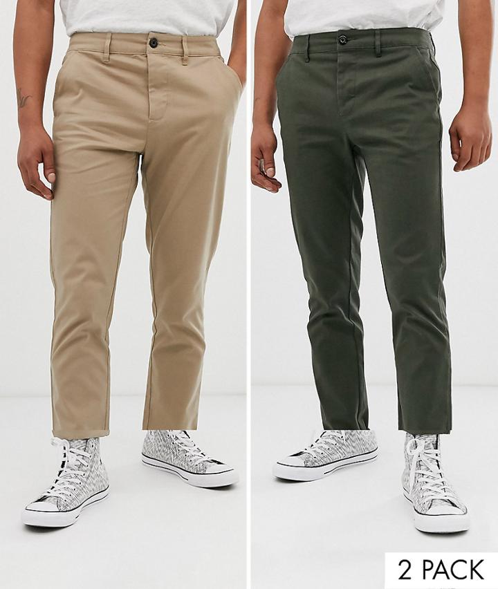 Asos Design 2 Pack Slim Chinos In Dark Khaki & Stone Save - Multi