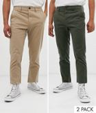 Asos Design 2 Pack Slim Chinos In Dark Khaki & Stone Save - Multi