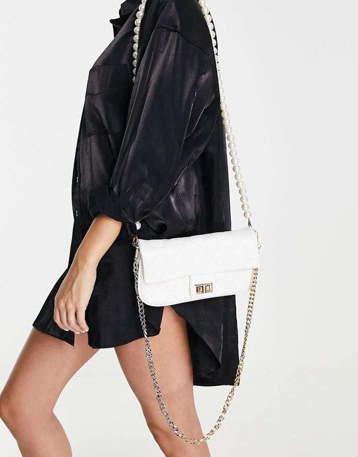 Ego Quilted Bag With Pearl And Chain Strap In White