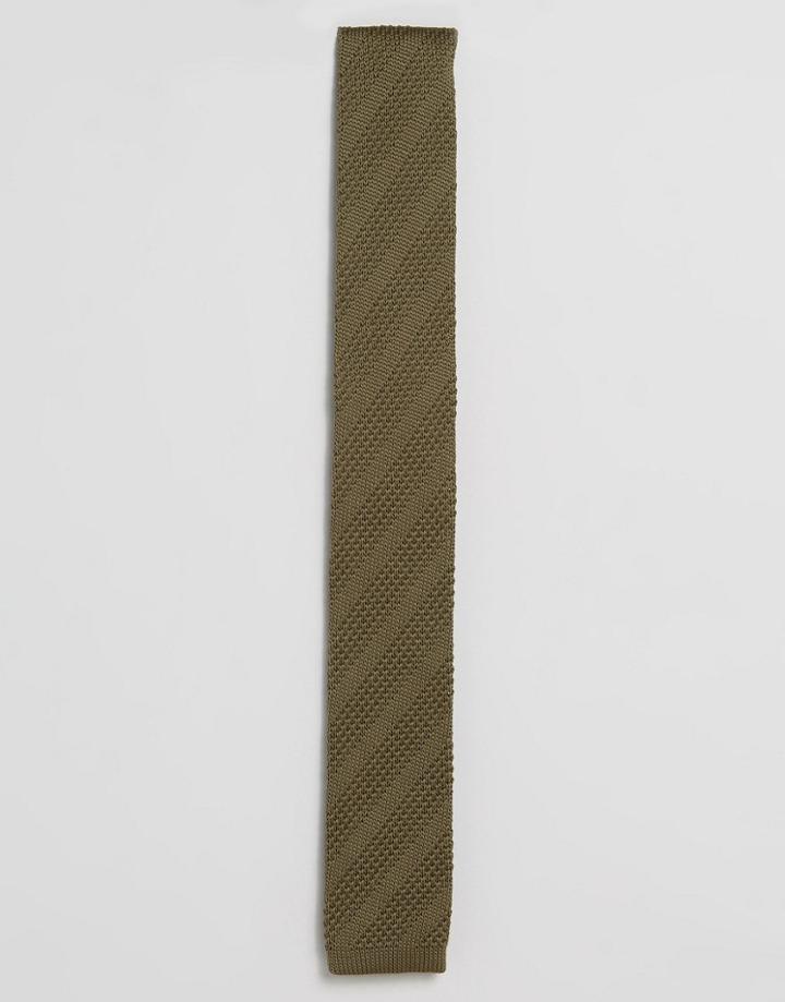 Asos Knitted Tie In Khaki Texture - Green