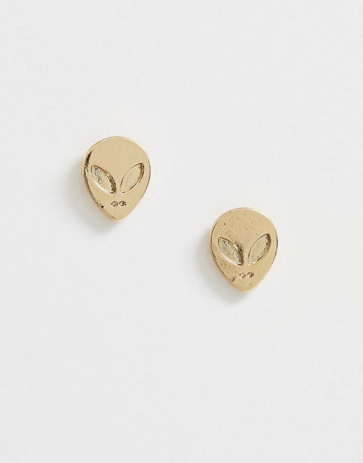 Asos Design Stud Earrings In Alien Design In Gold Tone - Gold