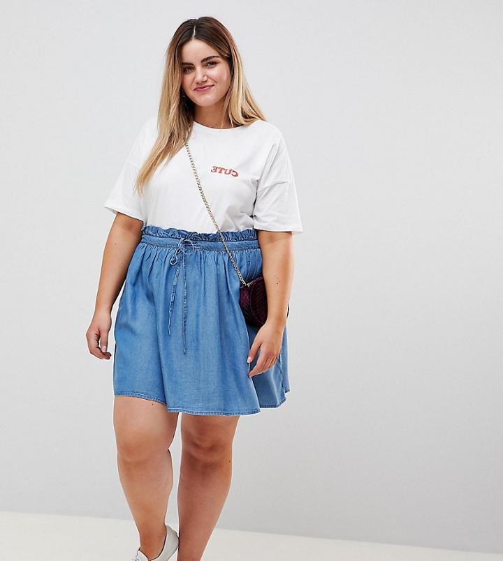 Asos Design Curve Denim Paperbag Skirt In Midwash Blue - Blue