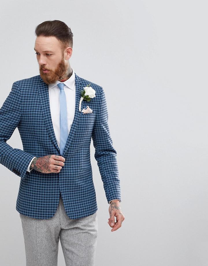 Asos Wedding Skinny Blazer In Blue Wool Mix Mini Check - Navy