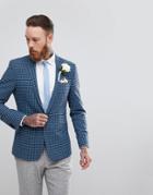 Asos Wedding Skinny Blazer In Blue Wool Mix Mini Check - Navy