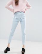 Asos Farleigh High Waist Slim Mom Jeans In Henrietta Wash With Raw Waistband And Raw Hem - Blue