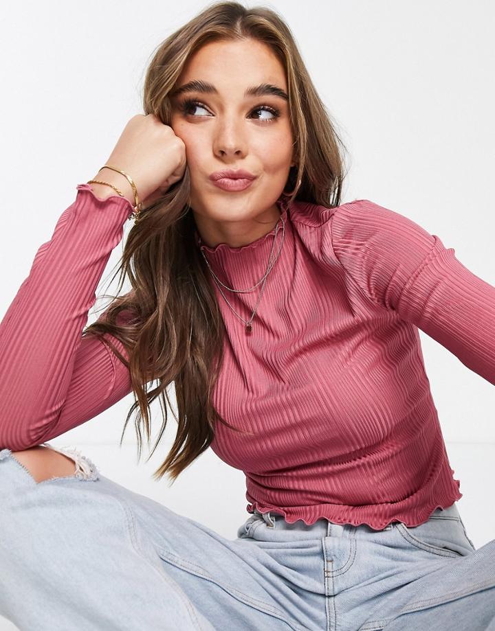 Urban Revivo Long Sleeve Lettuce Hem Top In Pink