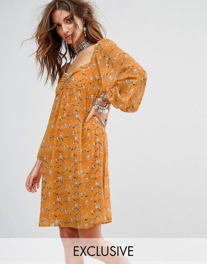 Sacred Hawk Festival Smock Mini Dress In Romantic Floral - Yellow