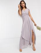 Tfnc Bridesmaid Flutter Sleeve Ruffle Detail Maxi Dress In Lavender-grey