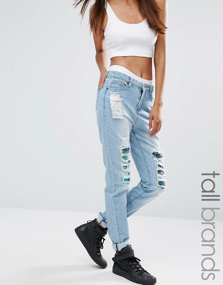 Liquor & Poker Tall Ripped Boyfriend Jeans With Sequin Detail - Blue