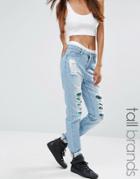 Liquor & Poker Tall Ripped Boyfriend Jeans With Sequin Detail - Blue