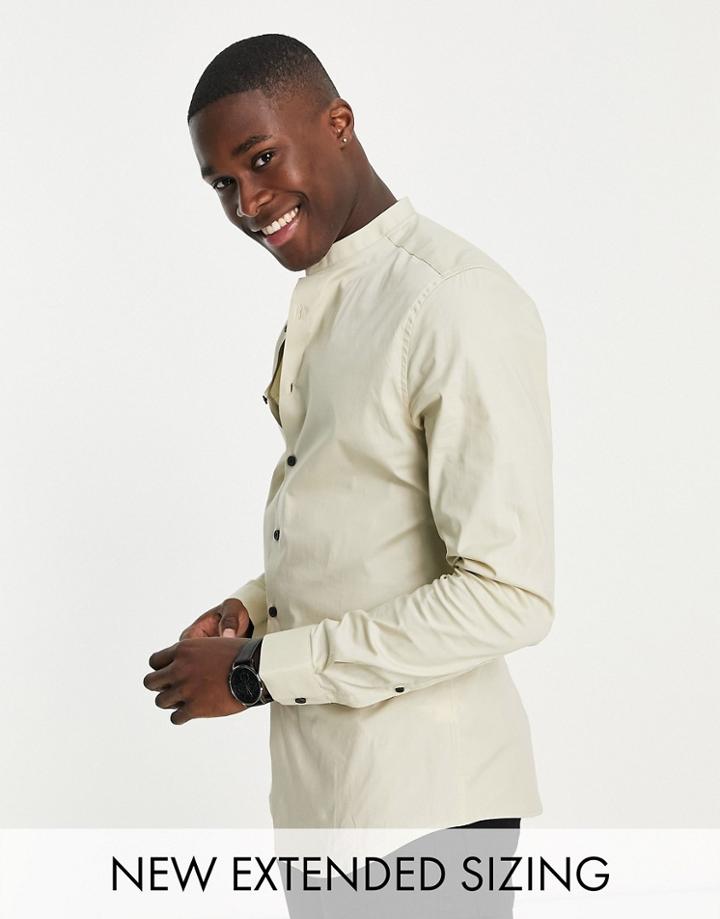 Asos Design Skinny Shirt With Grandad Collar In Stone-neutral